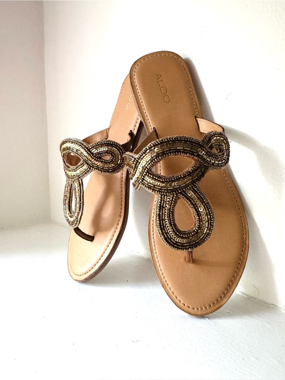 ALDO Tan and Gold Beaded Thong Sandals